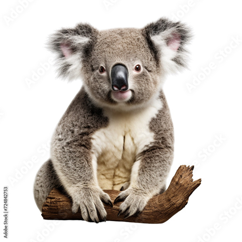 Koala standing on the wooden branch isolated on transparent or white background