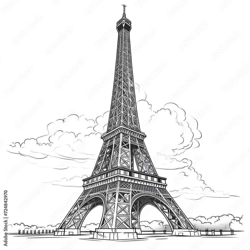 Fototapeta premium Eiffel Tower Coloring Page, Paris Monument, Ai generative 