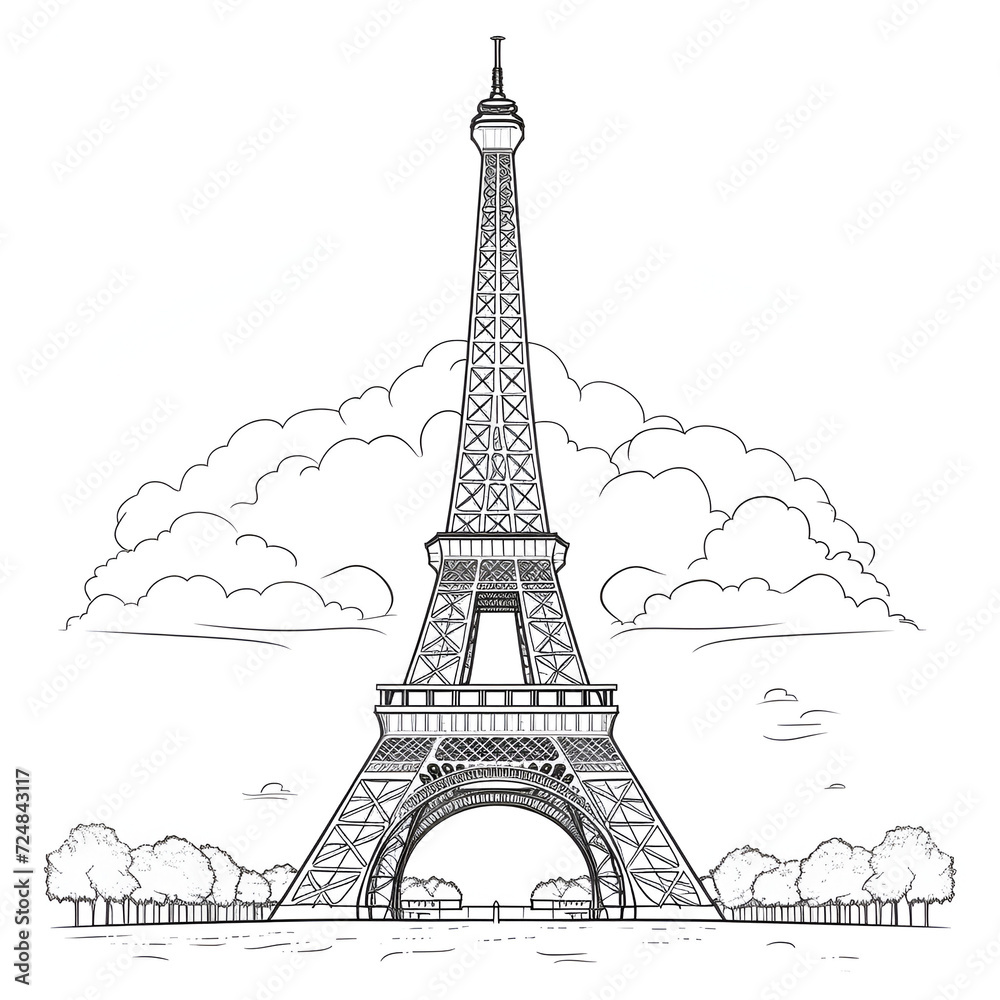 Fototapeta premium Eiffel Tower Coloring Page, Paris Monument, Ai generative 