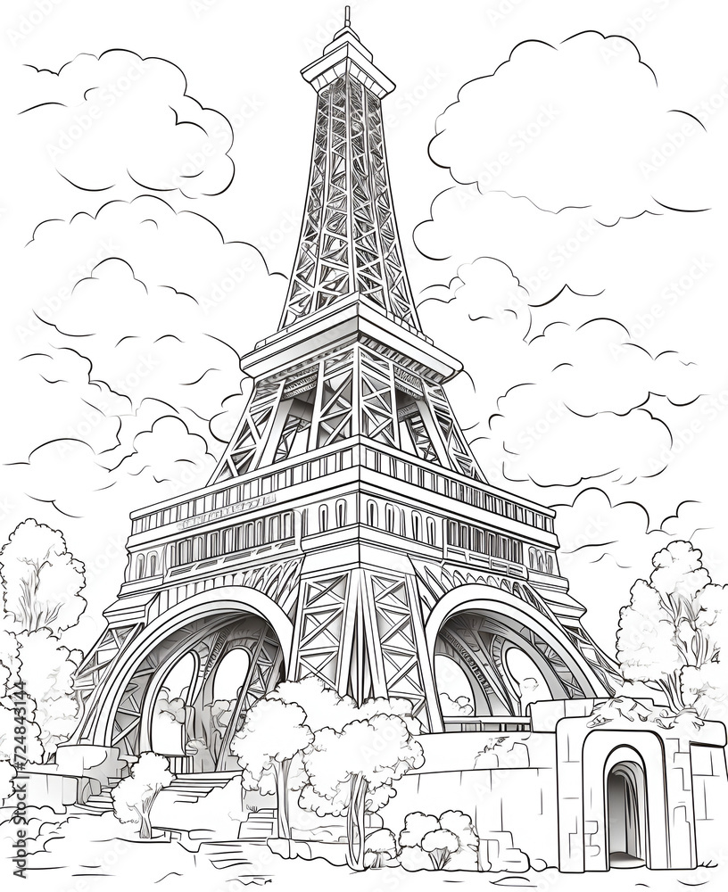 Fototapeta premium Eiffel Tower Coloring Page, Paris Monument, Ai generative 