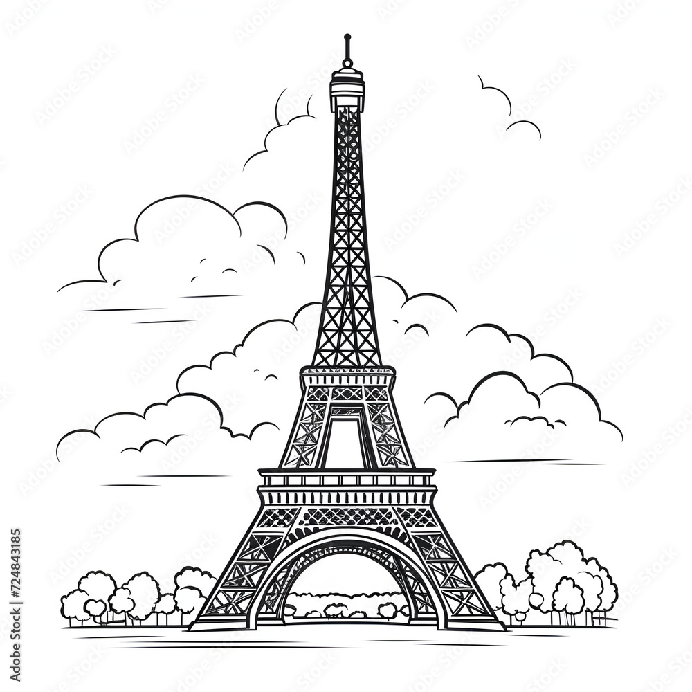 Fototapeta premium Eiffel Tower Coloring Page, Paris Monument, Ai generative 