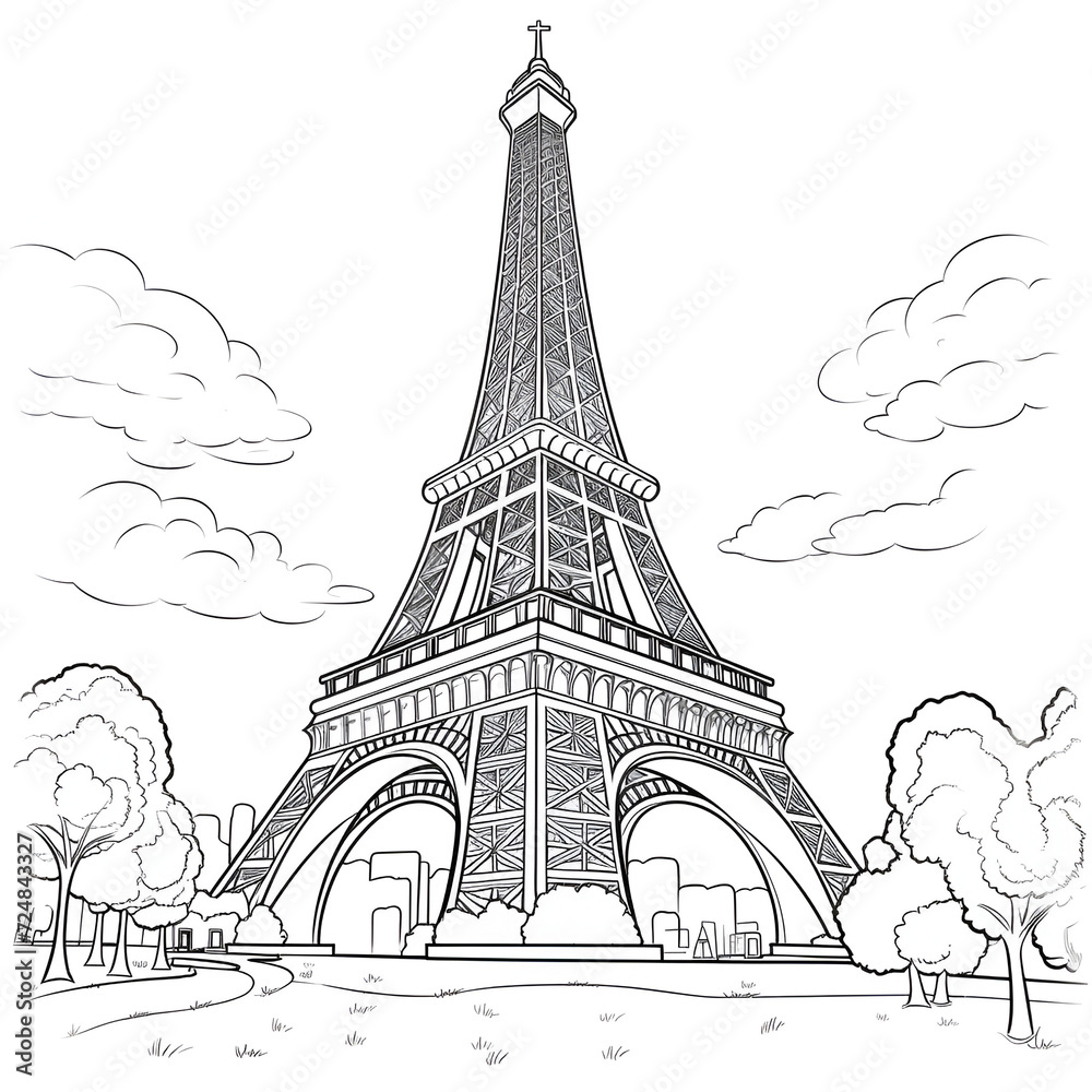 Fototapeta premium Eiffel Tower Coloring Page, Paris Monument, Ai generative 