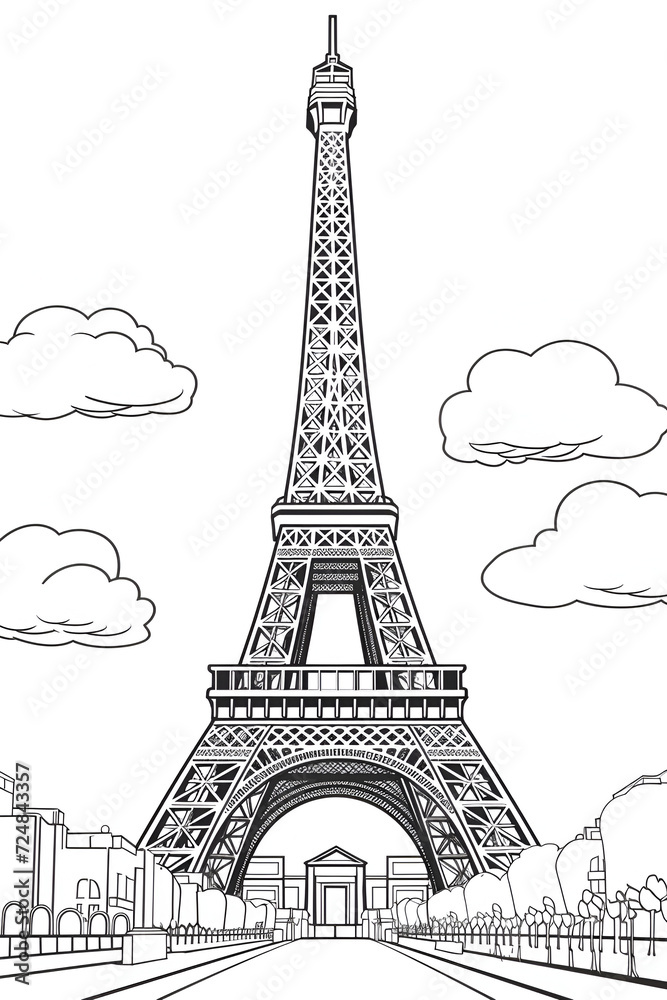 Fototapeta premium Eiffel Tower Coloring Page, Paris Monument, Ai generative 