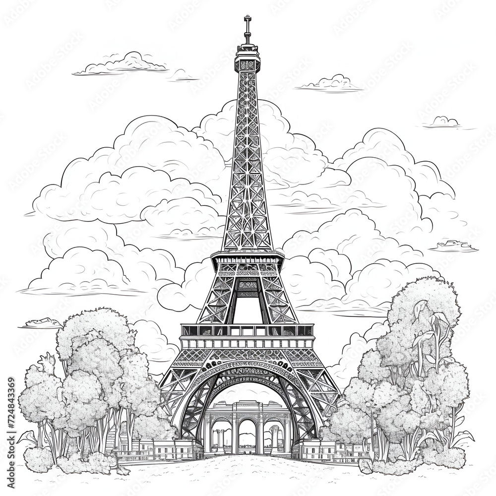 Obraz premium Eiffel Tower Coloring Page, Paris Monument, Ai generative 