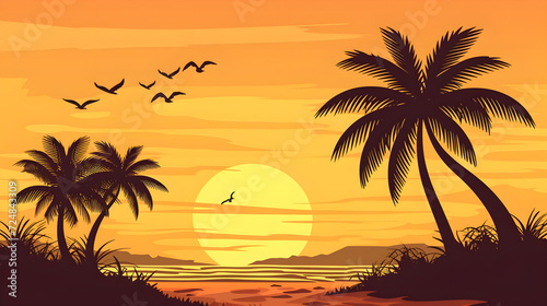 Tropical Beach Sunset: Silhouetted Palm Trees and Adventurous Figure, Concept of Serenity, Exotic Vacation, and Nature’s Beauty