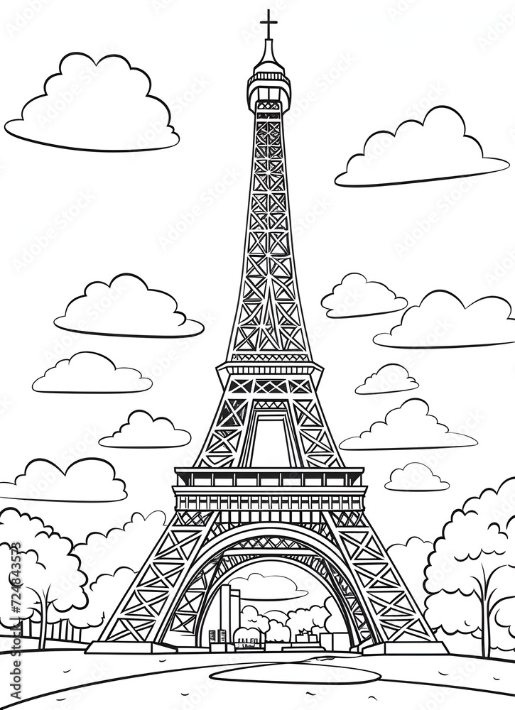Fototapeta premium Eiffel Tower Coloring Page, Paris Monument, Ai generative 