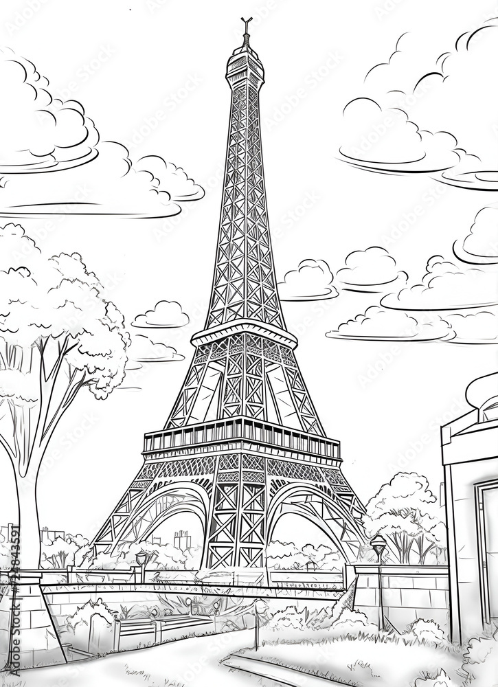 Obraz premium Eiffel Tower Coloring Page, Paris Monument, Ai generative 
