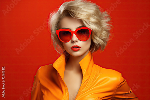 A striking woman mesmerizes with her vibrant red sunglasses and eye-catching yellow jacket, infusing the scene with a burst of color and style. Fashion style cover magazine and wallpaper