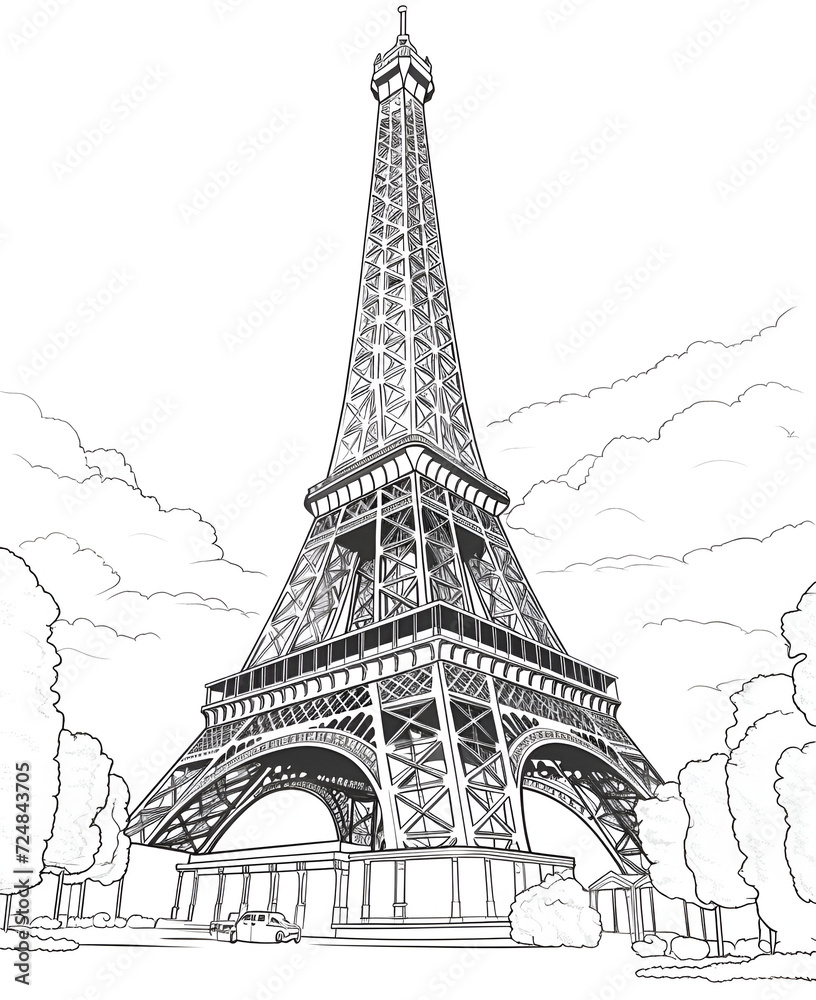 Fototapeta premium Eiffel Tower Coloring Page, Paris Monument, Ai generative