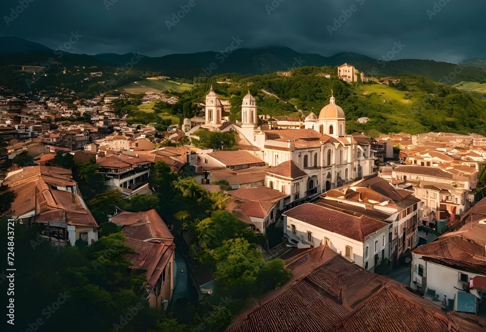 a large church in the middle of a village with a mountain range in the background