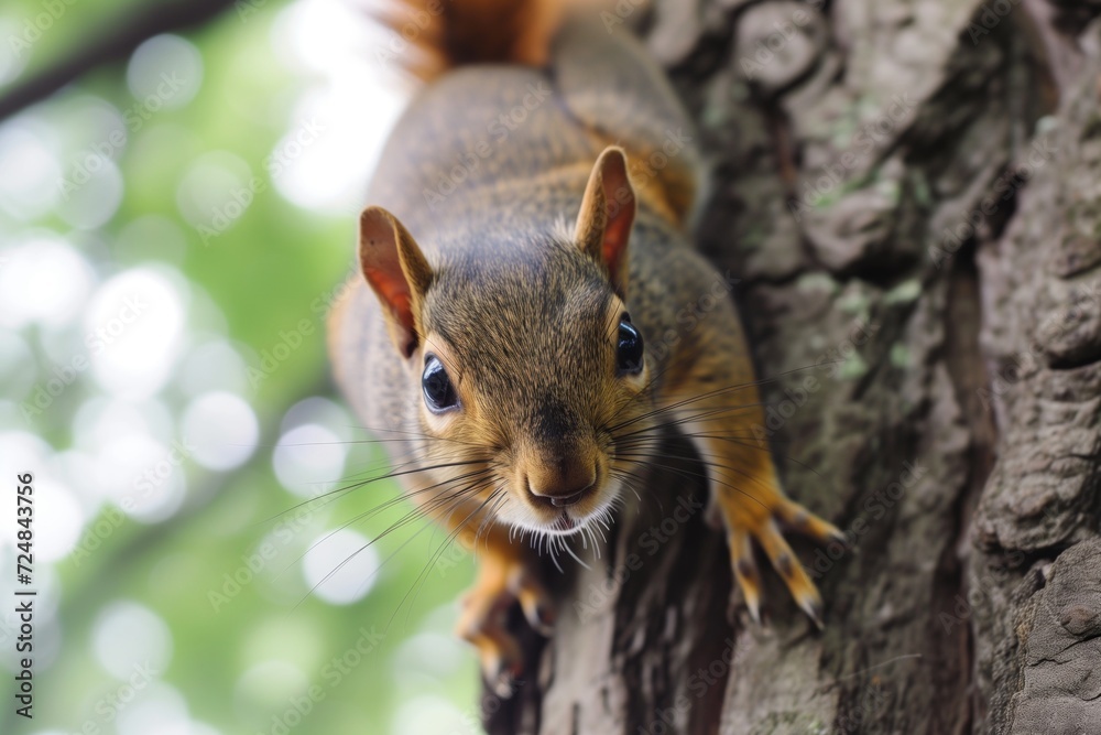 squirrel facetoface with the camera, on a tree trunk squirrel facetoface with the camera, on a tree trunk