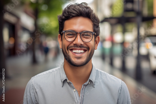 portrait of a smiling, bearded young South American man wearing gray shirt an glasses