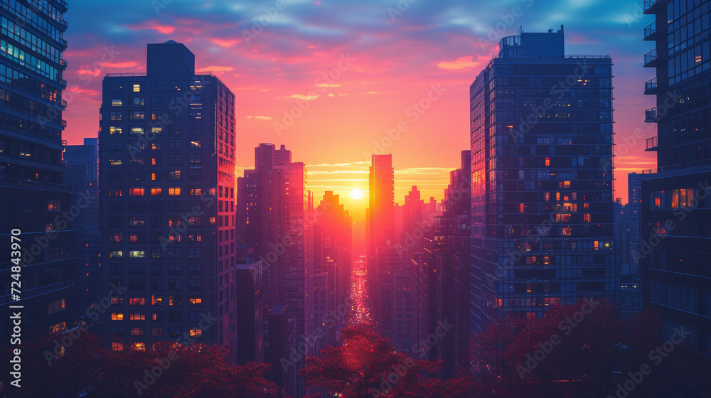 Fototapeta premium Watch the ideal dawn unfold over a city skyline silhouette, with towering skyscrapers in a scenic urban landscape, creating a panoramic cityscape that captures the essence of modern architecture