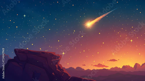 Starlit Sky with Shooting Star over Rocky Terrain at Dawn: Concept of Tranquility, Universe’s Grandeur, Spiritual Awakening, and the Dance between Night and Day photo