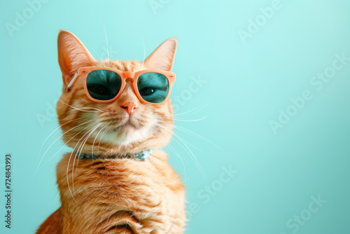 cat wearing sunglasses on pastel background.