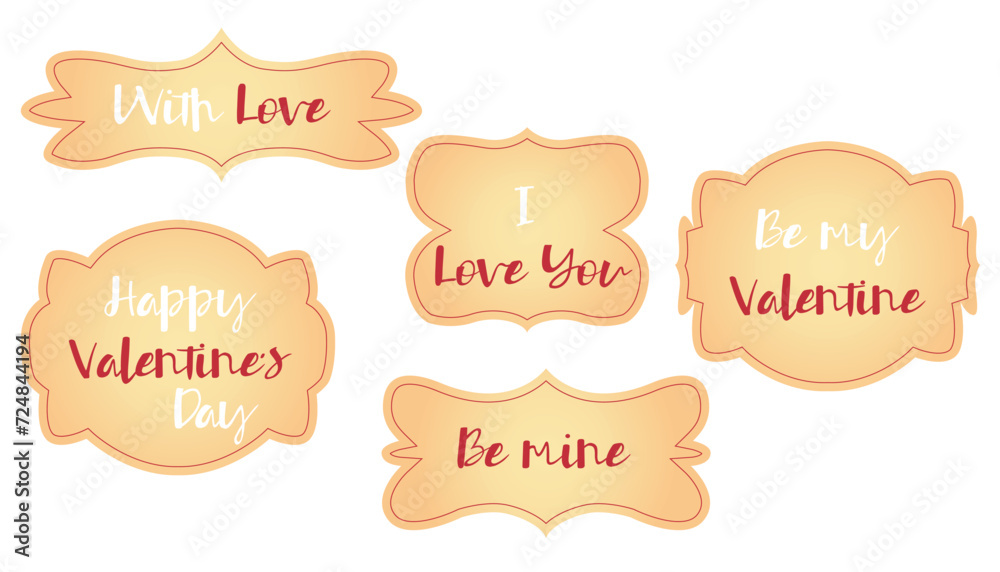 Valentines Day decoration vintage golden frames set isolated on white background.  Love banners