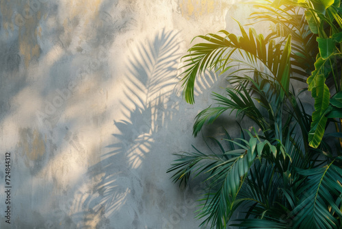 Trees and shadows on the concrete wall showing the soft morning sun.