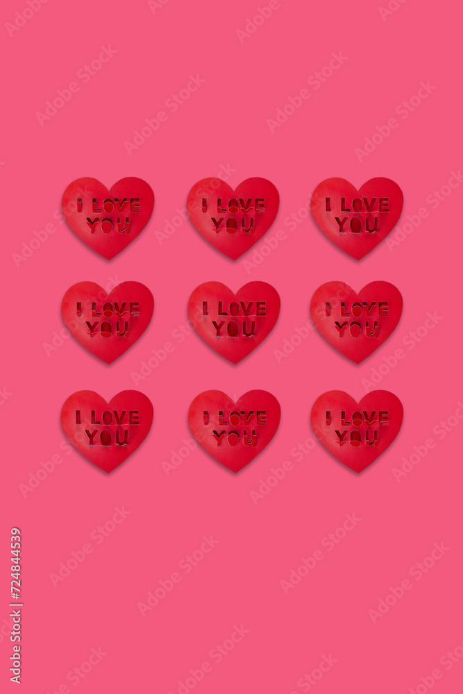 Valentine cards with lettering I Love You. Declaration of love. Love letter, Red paper craft hearts pink background, poster vertical