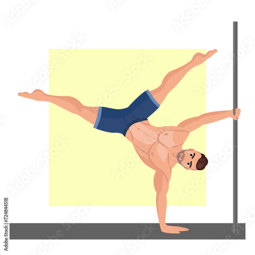 Illustration of a young guy dancing on a pole. Pole dance. Strip of plastic. A muscular guy dances on a pole. Beautiful man. Dancing.