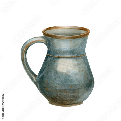 Watercolor ceramic jug, hand drawn, isolated. Bright blue jug for drinks