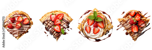 Set of a plate of A scoop of ice cream with chocolate on a Transparent Background - Set of a appetizing photo of delicious triangle crepe, filling Nutella, fresh strawberry inside, top view pot on a T photo