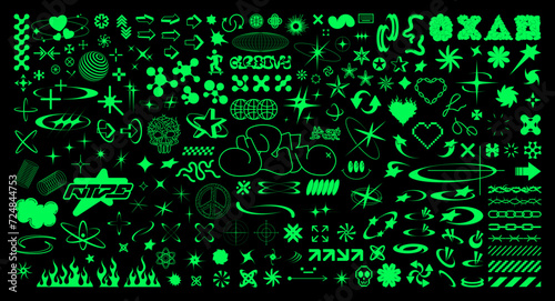 Y2K retrofuturistic graphic box. Acid stylish icons and abstract elements, stickers, bold and interesting shapes from 00s, 90s, 80. Y2K vaporwave, synthwave retro futuristic icons, 3D elements. Vector