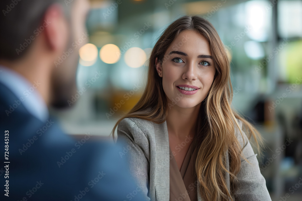 Confident Businesswoman Engaging in Corporate Dialogue Confident Businesswoman Engaging in Corporate Dialogue