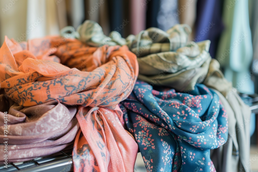 pile of freshly laundered spring scarves being sorted on a table rack