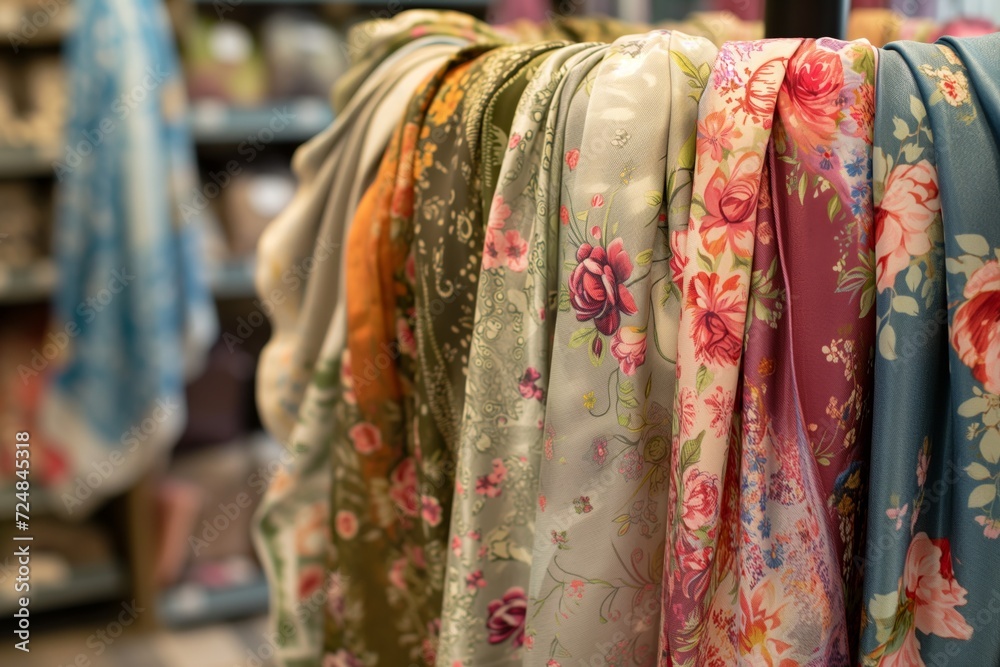 scarves with floral patterns draped over a circular display in a shop