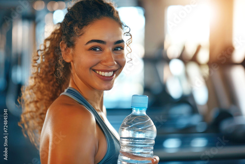 Canvastavla A radiant woman with a joyful smile holds a bottle of water in a gym setting