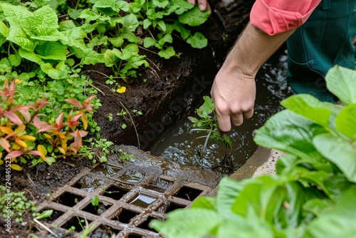 gardener diverts runoff from plants to a storm drain