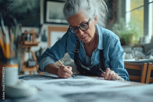 a Mature woman sketching on her dining table at home, before she heads into her home studio to translate the sketch onto canvas.