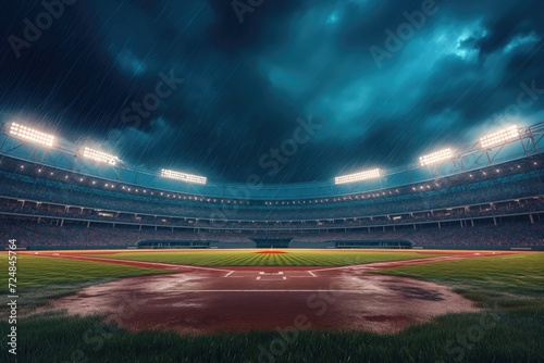 A wide angle of a outdoor baseball stadium full of spectators under a stormy night sky. The image has depth of field with the focus on the foreground part of the pitch