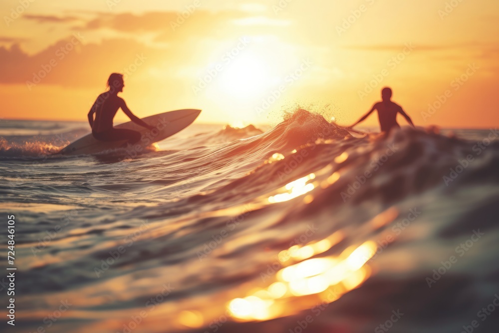 Cheerful surfers having fun during summer vacation in sea at sunset. Copy space. 