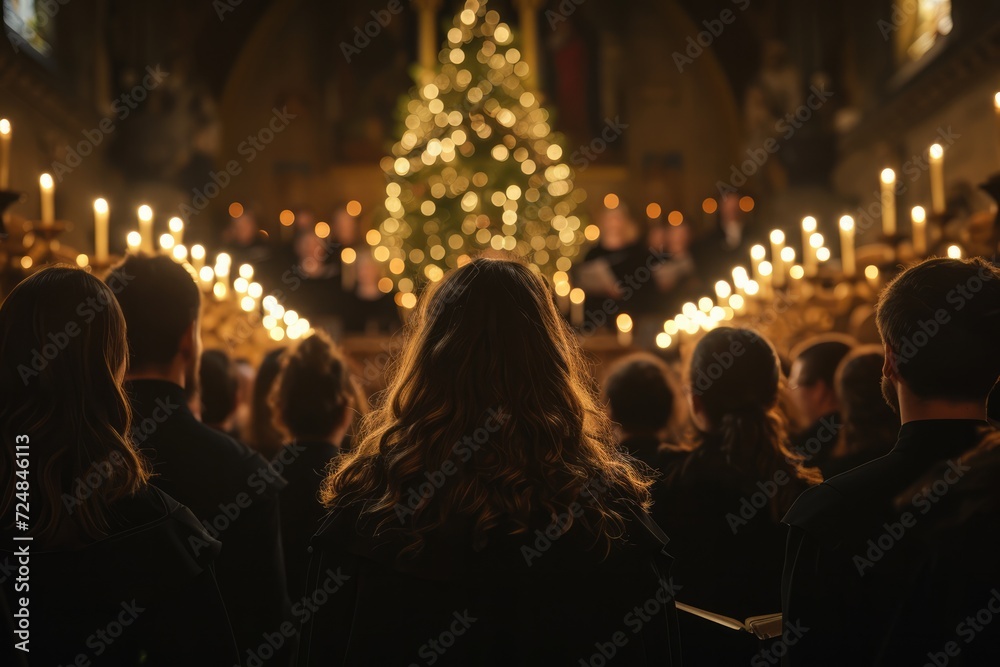 Church Choir during performance at Concert during Christmas Holiday season. Mixed age group of people dressed in all black attire. 