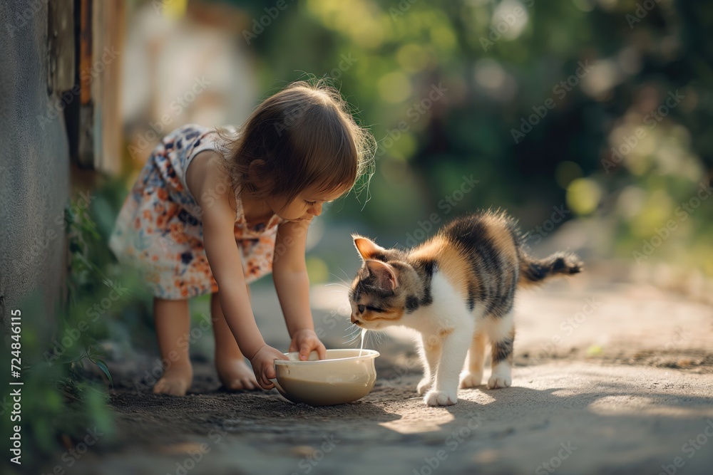 Calico kitty feeding with milk outside while little girl is standing beside her. Concept of pets. 