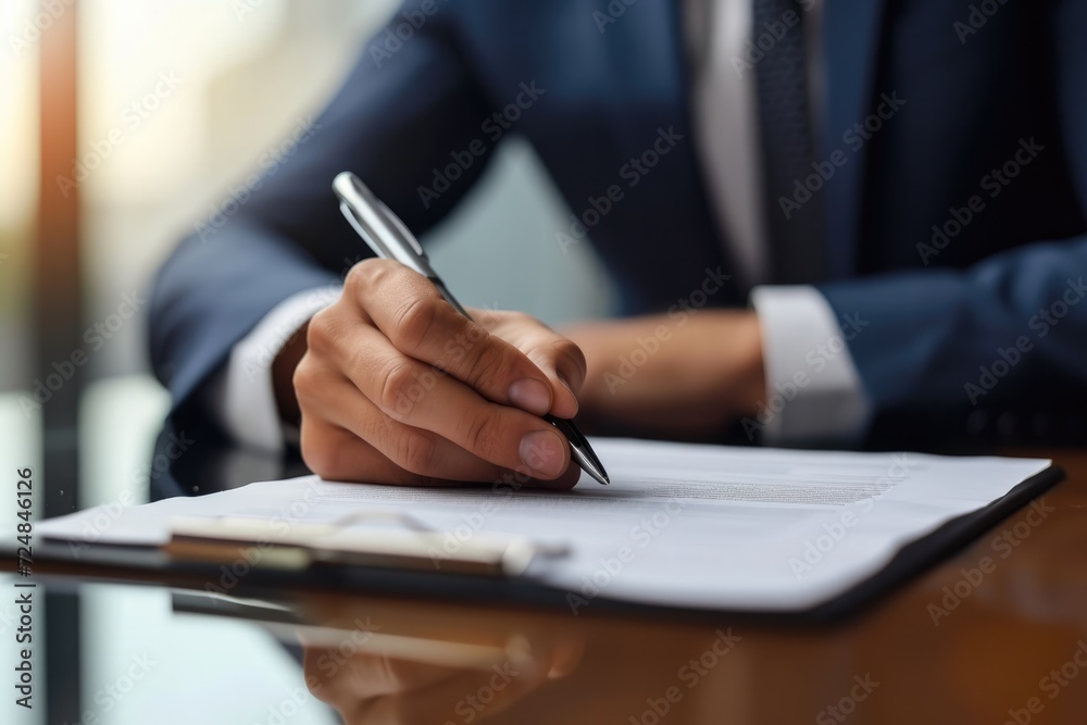 Close-up of businessman in office presenting ballpen and contract. Close-up of businessman in office presenting ballpen and contract.