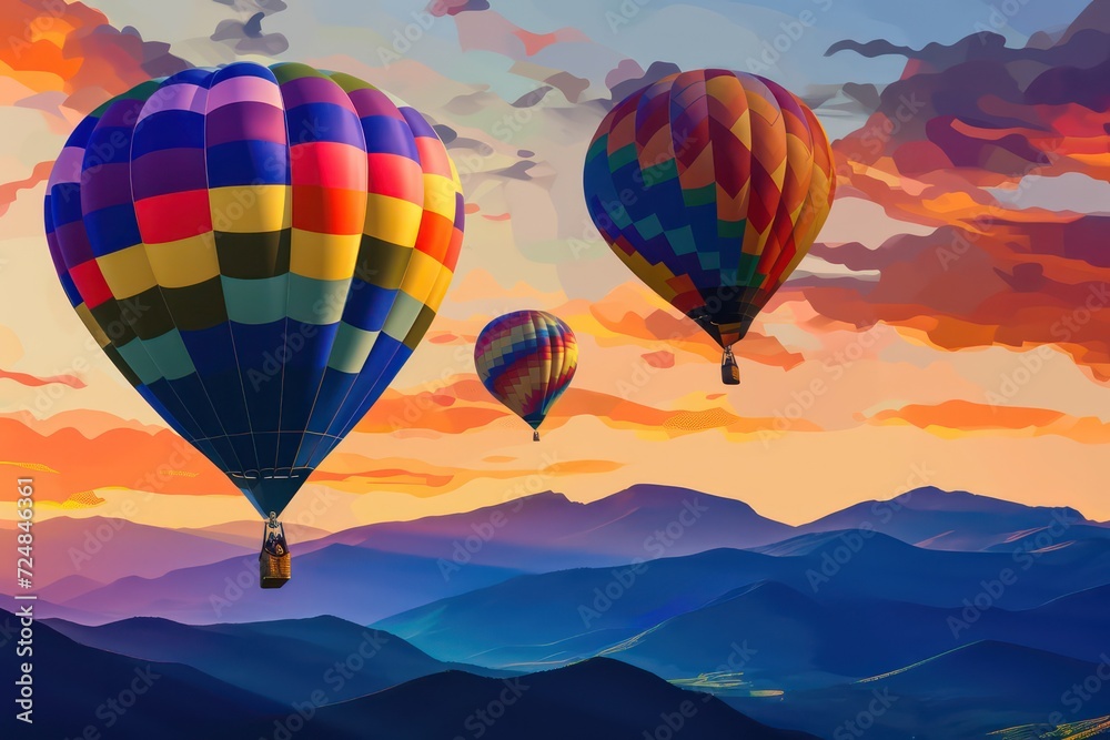 colorful hot air balloons in the sky above mountains