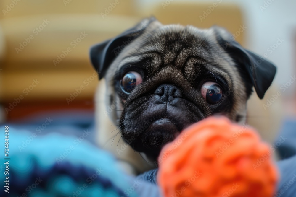 Funny pug with a toy, looking at the owner, expecting to play. 