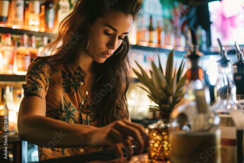 Female bartender choosing a bottle of rum 