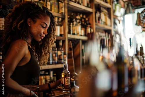 Female bartender choosing a bottle of rum 