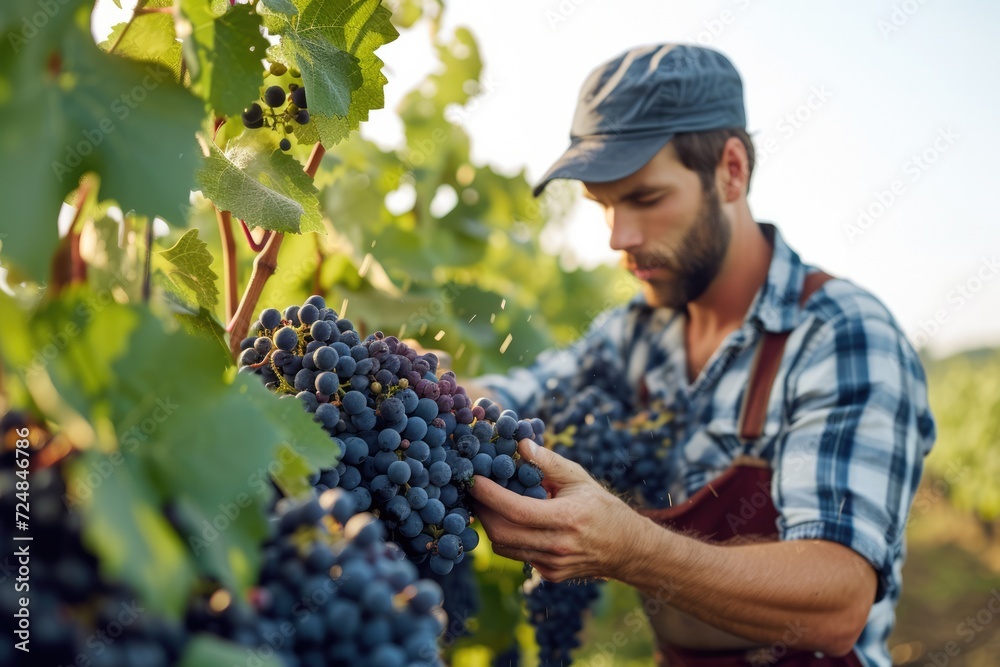 Obraz premium Man standing in a vineyard, harvesting bunches of black grapes.