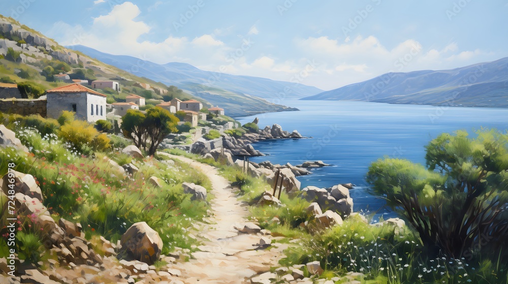 Idyllic Greek island at late spring early summer
