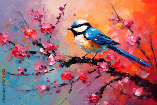 Bird on a Tree in Spring. Painting on Canvas.