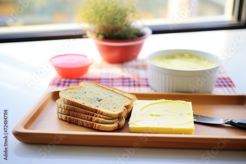 dairy free butter on a butter dish, with bread photo