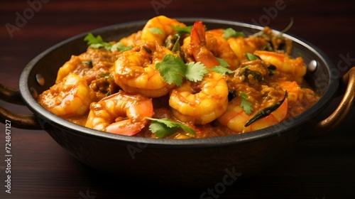 Indian cuisine: Prawns masala or Kolambi che Kalvan in Marathi. Chingri fry. Maharashtrian Prawns curry. Copy space. 