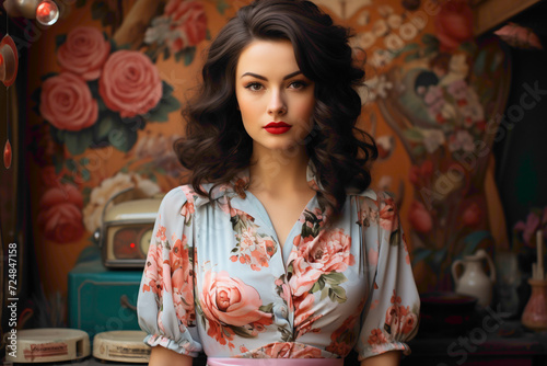A touch of vintage flair as the most beautiful Ukrainian female poses in a retro-inspired outfit, adding nostalgic charm against the solid backdrop.