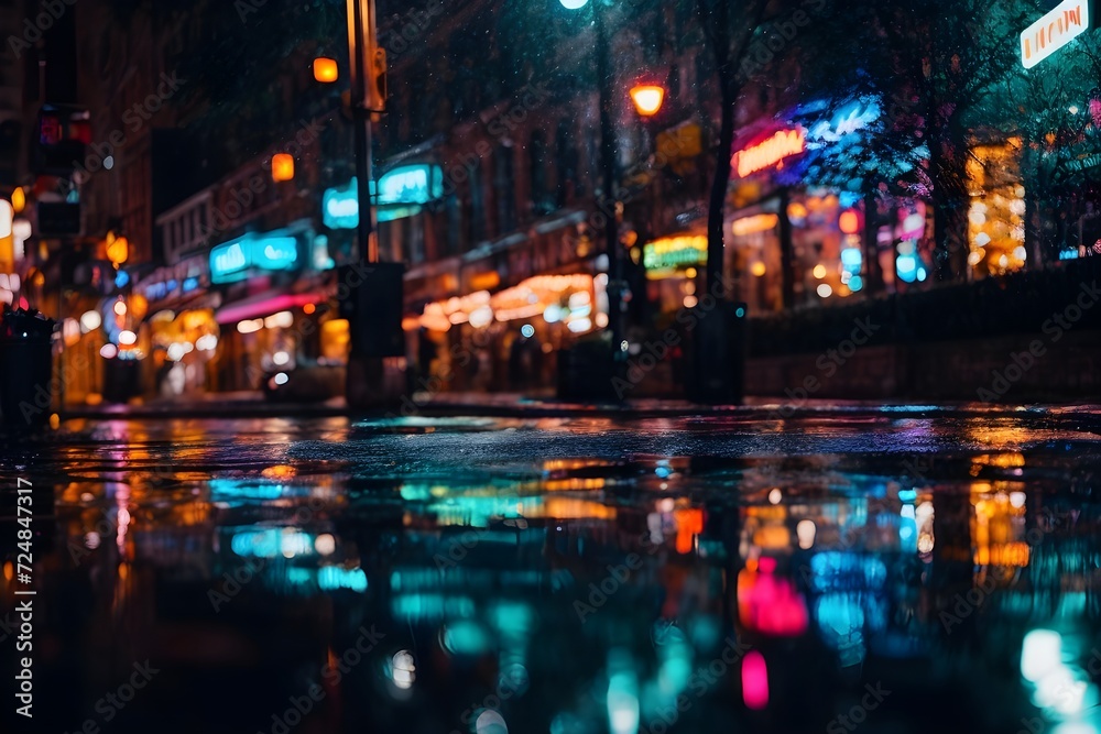 City nights alive with multi-colored neon lights, reflecting in puddles. Abstract, vibrant backdrop with blurred bokeh lights, capturing the essence of a lively and colorful night scene