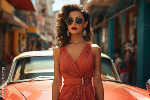 A touch of vintage flair as the Venezuelan female poses in a retro-inspired outfit, adding nostalgic charm against the solid backdrop.