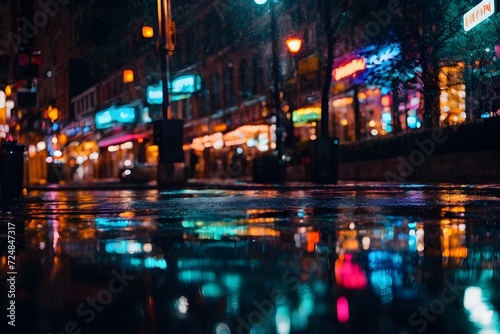 City nights alive with multi-colored neon lights, reflecting in puddles. Abstract, vibrant backdrop with blurred bokeh lights, capturing the essence of a lively and colorful night scene